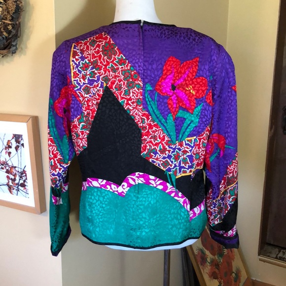 Vtg 80s UMI COLL Size 16 Silk VIVID Floral Geometric Zip-Back Pullover Artistic - Picture 6 of 12